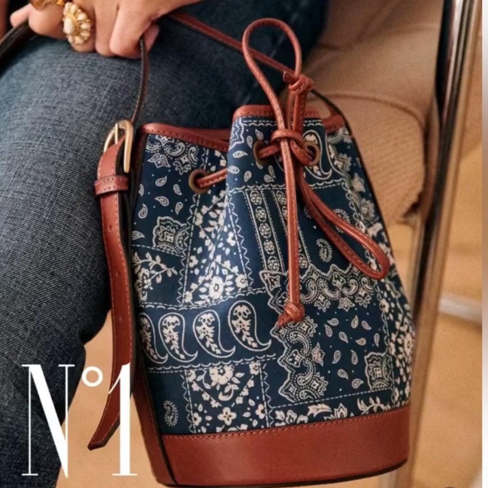 NWT Sezane Mini Farrow Leather Bucket Crossbody Bag In Blue Bandana